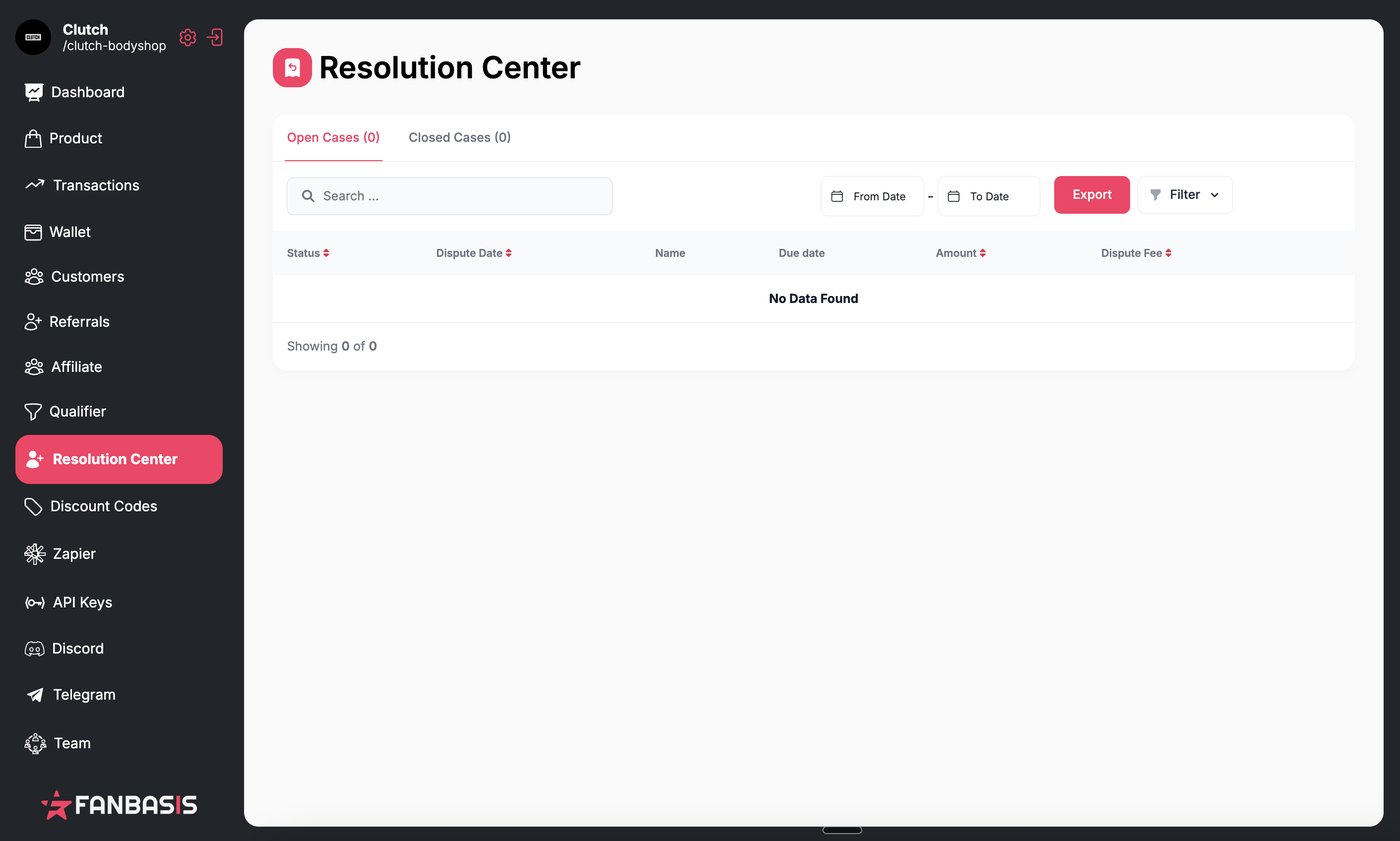 Ashley's FanBasis Resolution Center showing zero open and zero closed dispute cases